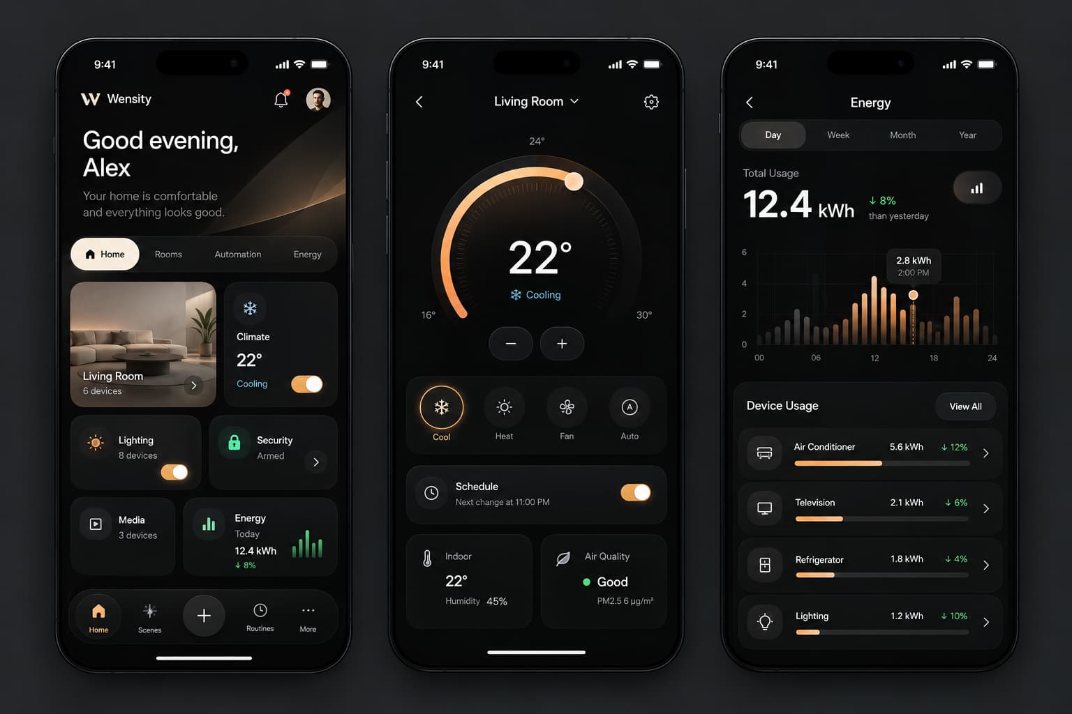 Smart home dashboard app screens