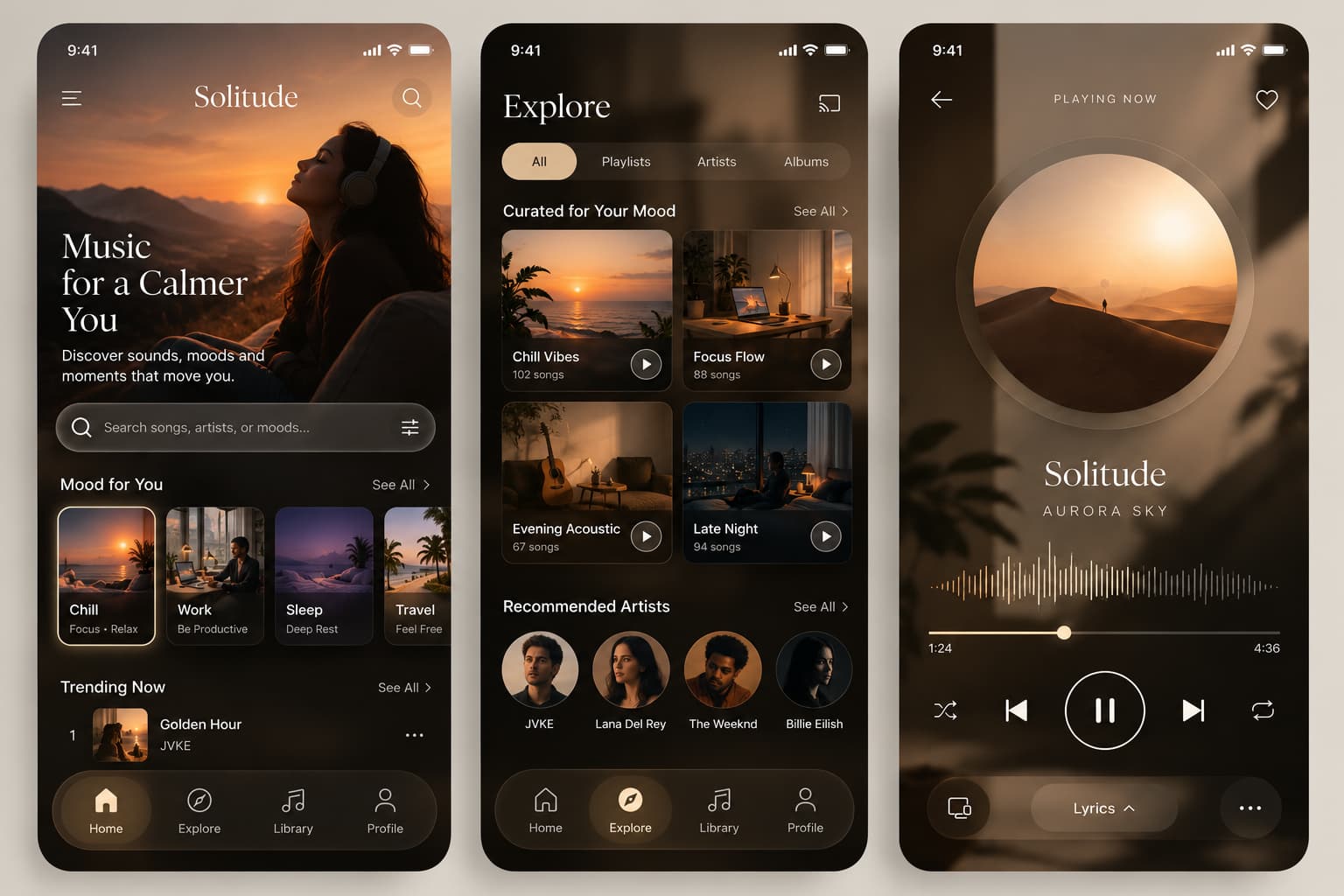 Solitude music app home, explore and player screens
