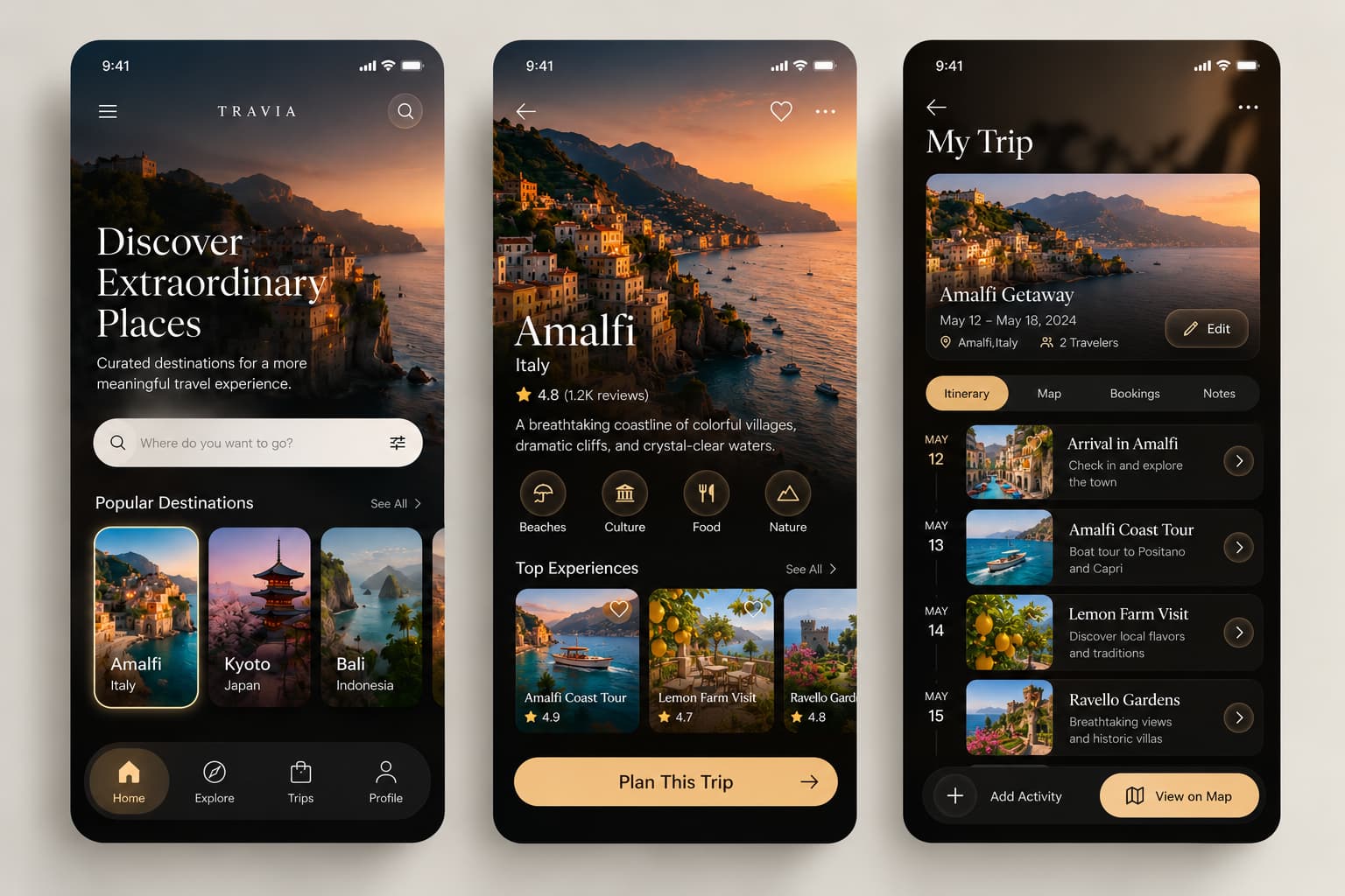 Travia travel app home, destination and trip screens