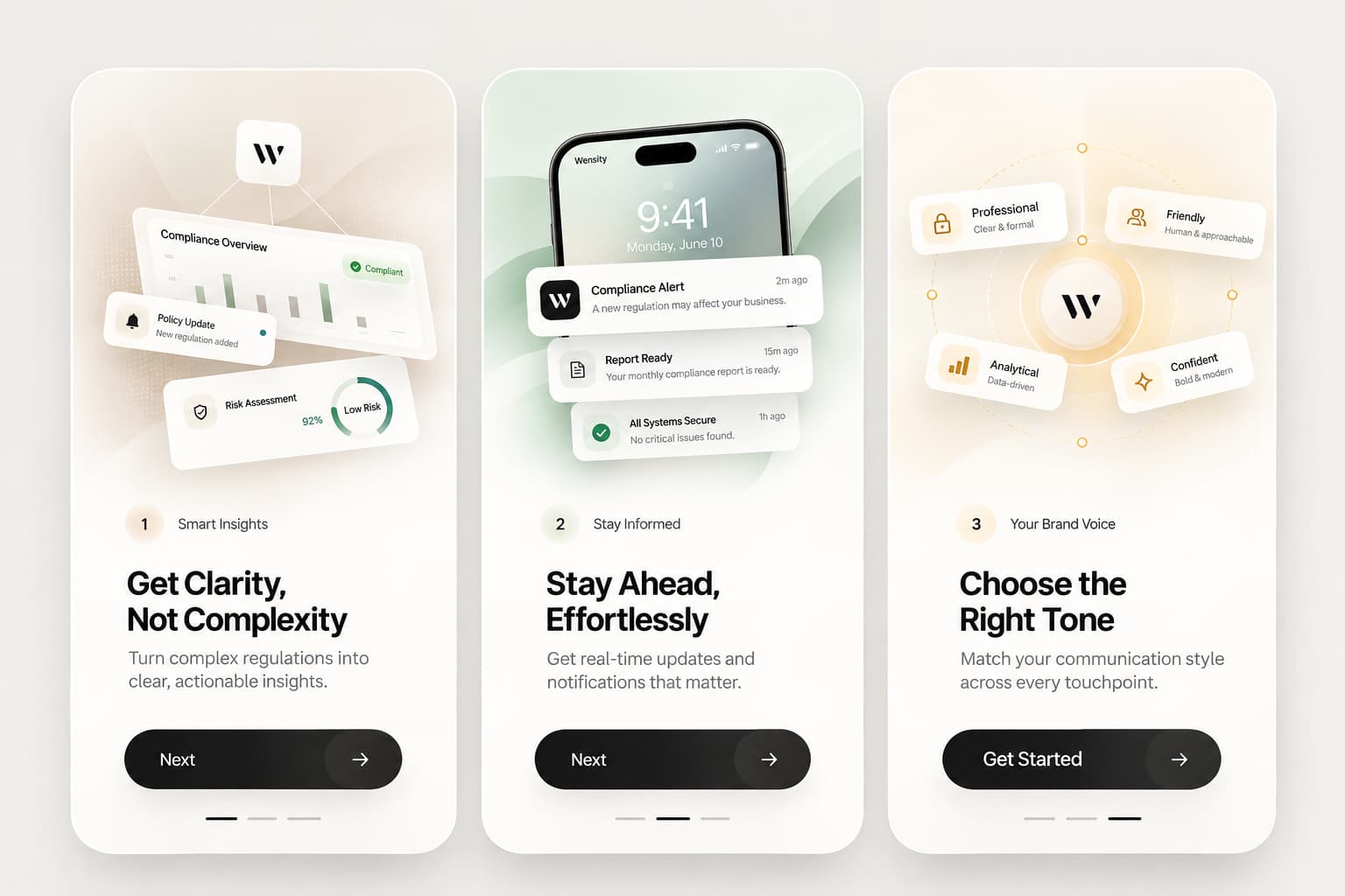 Compliance app onboarding screens
