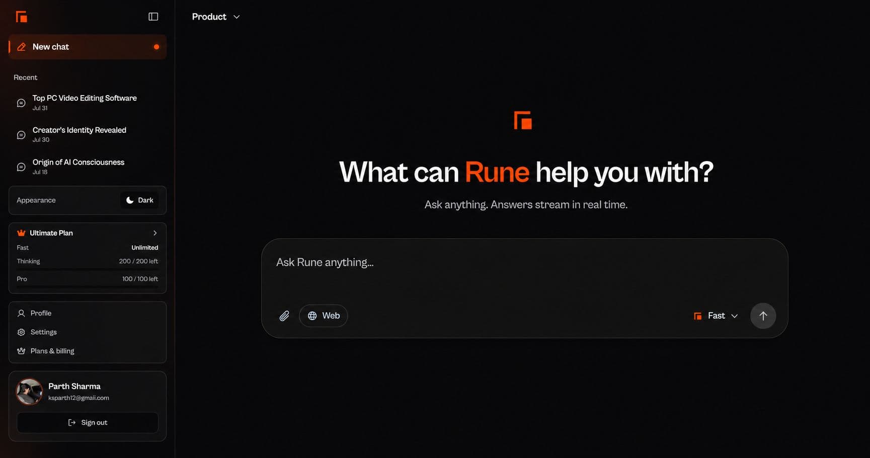 Rune AI chat assistant interface
